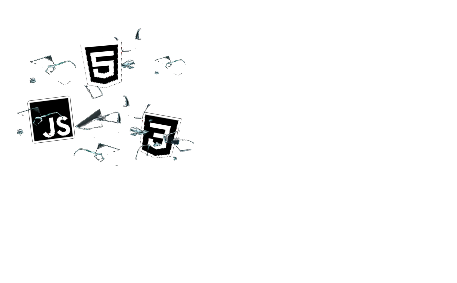 Imagem de estilhaços de vidro com os ícones de HTML5, CSS3 e JavaScript por cima.